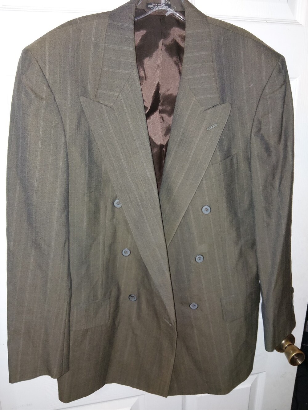 Men's Double-Breasted Olive Pinstripe Suit Blazer